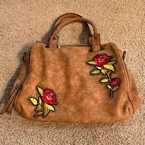 Tan Suede Tote Bag with Red Rose Embroidery